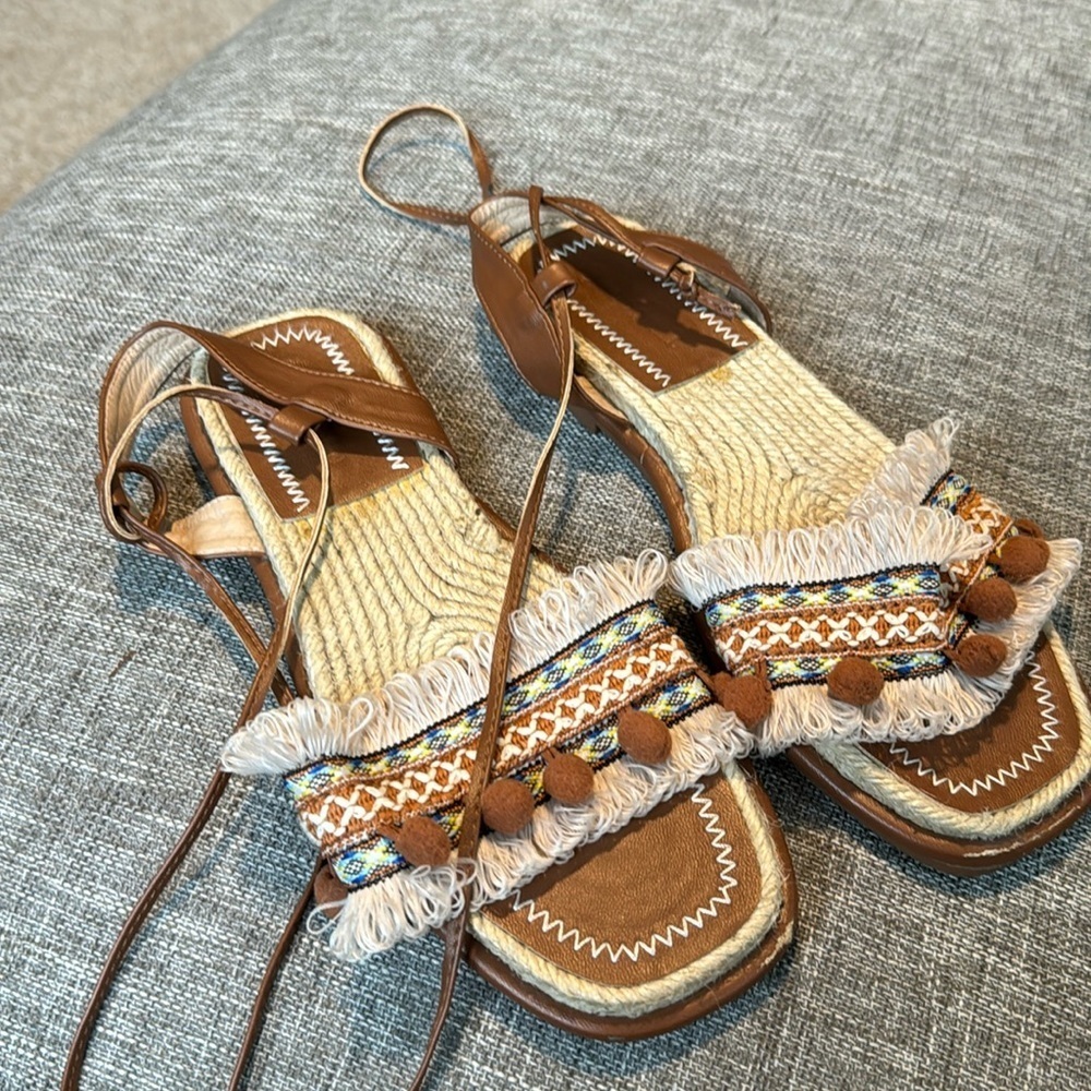 Summer Bohemia Style Fringe Tassel Strappy Flats Sandals Ball Tie Up Ope…